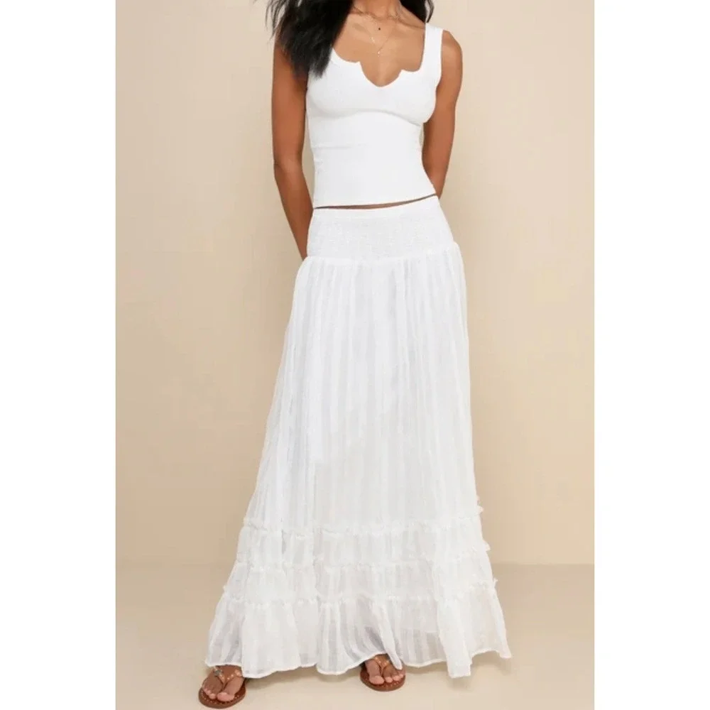 Lulus White Smocked Tiered Maxi Skirt Boho Flowy Textured Small